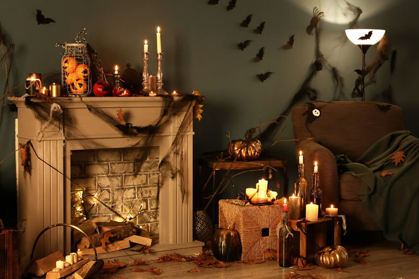 Halloween Fireplace Bats Backdrop for Photography UK M9-35