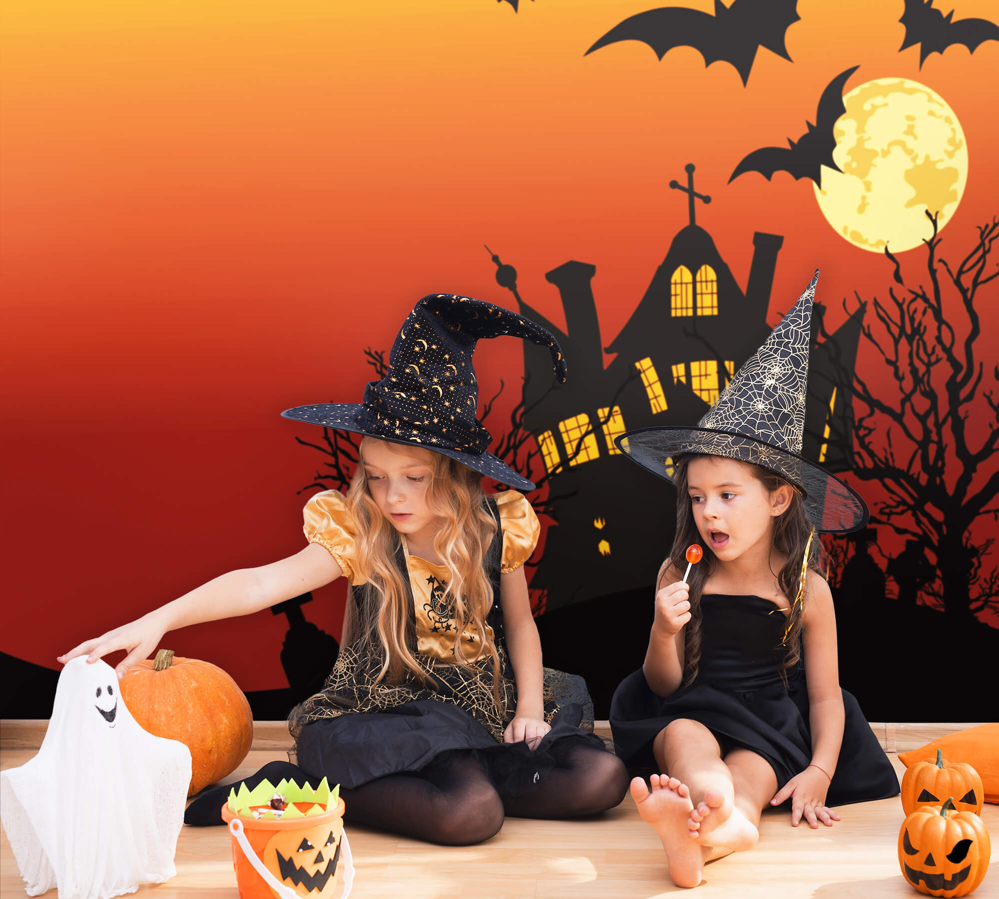 Halloween Spooky House Moon Bat Backdrop UK M9-44