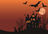 Halloween Spooky House Moon Bat Backdrop UK M9-44