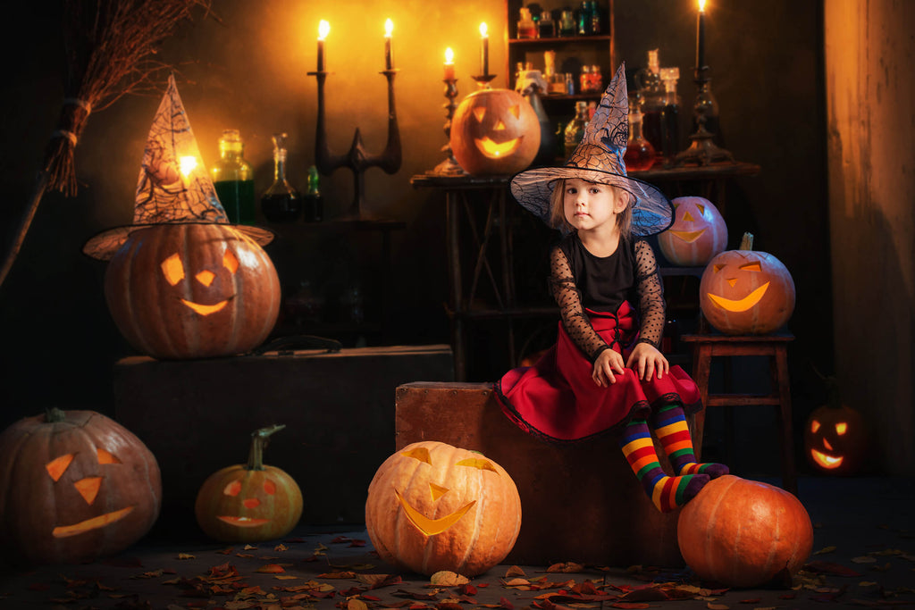 Halloween Witch Room Pumpkins Candles Backdrop UK M9-47