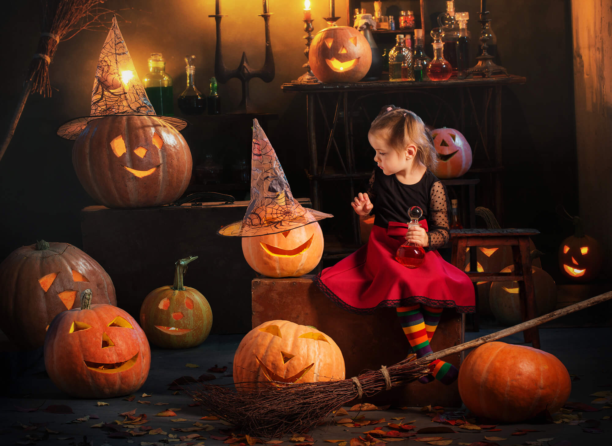 Halloween Witch Room Pumpkins Candles Backdrop UK M9-47