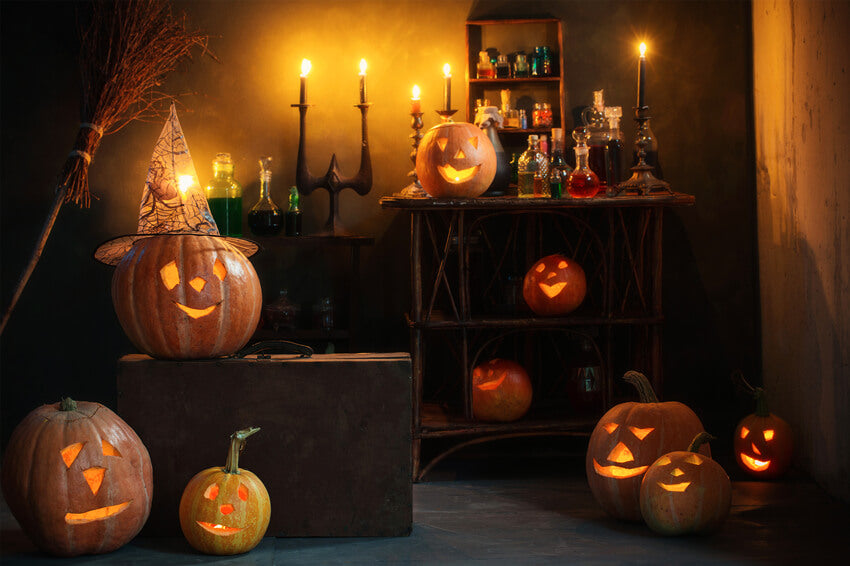 Halloween Witch Room Pumpkins Candles Backdrop UK M9-47