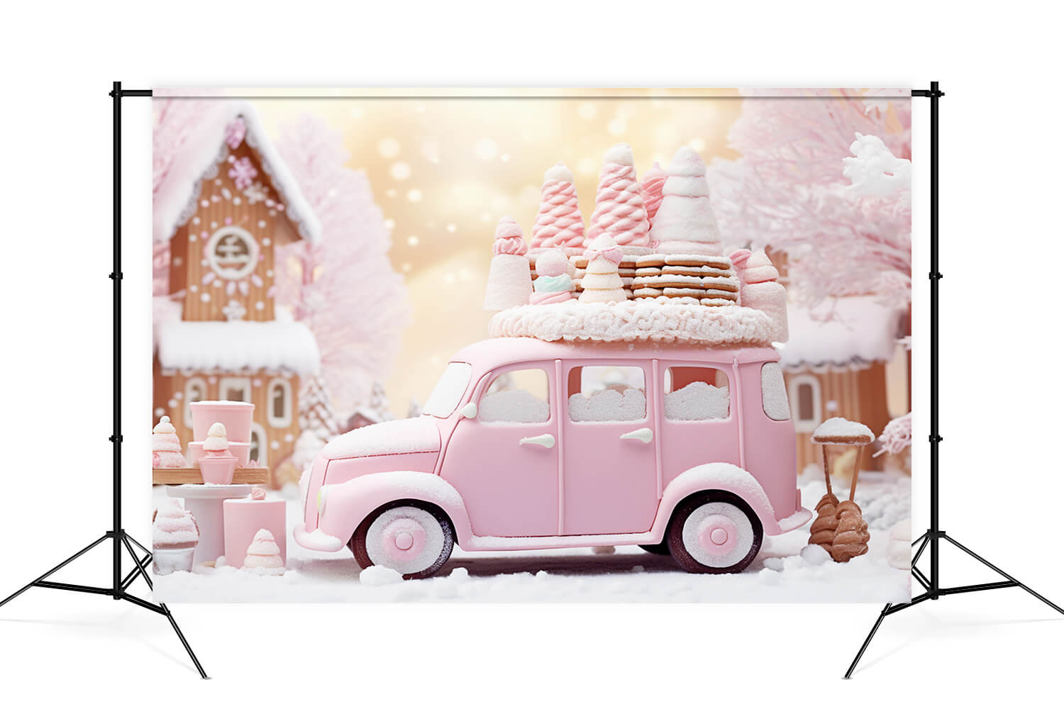 Pink Ice Cream Car Gingerbread Xmas Backdrop UK M9-62