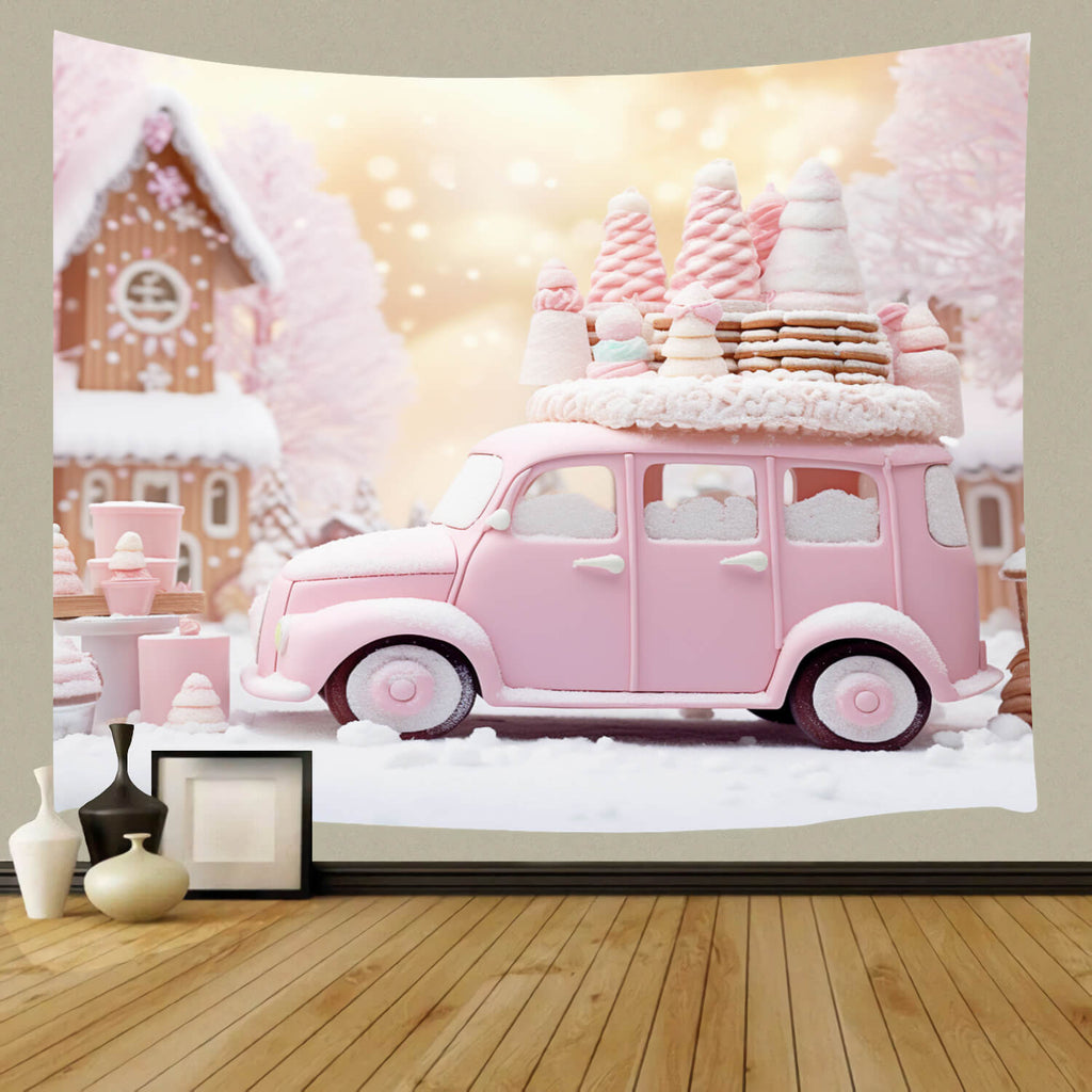 Pink Ice Cream Car Gingerbread Xmas Backdrop UK M9-62