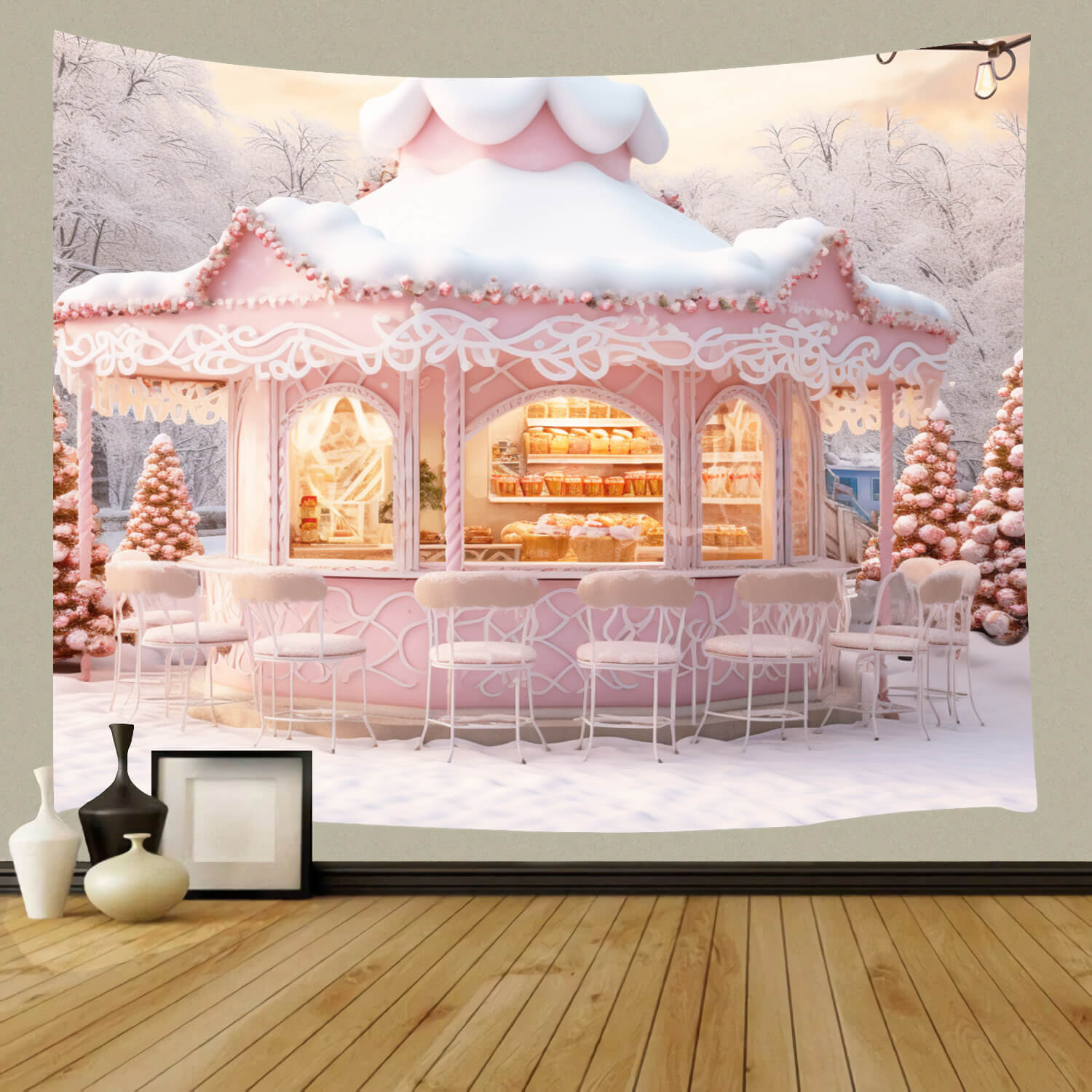 Christmas Pink Candy Store Snow Backdrop UK M9-64