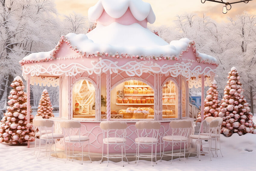 Christmas Pink Candy Store Snow Backdrop UK M9-64