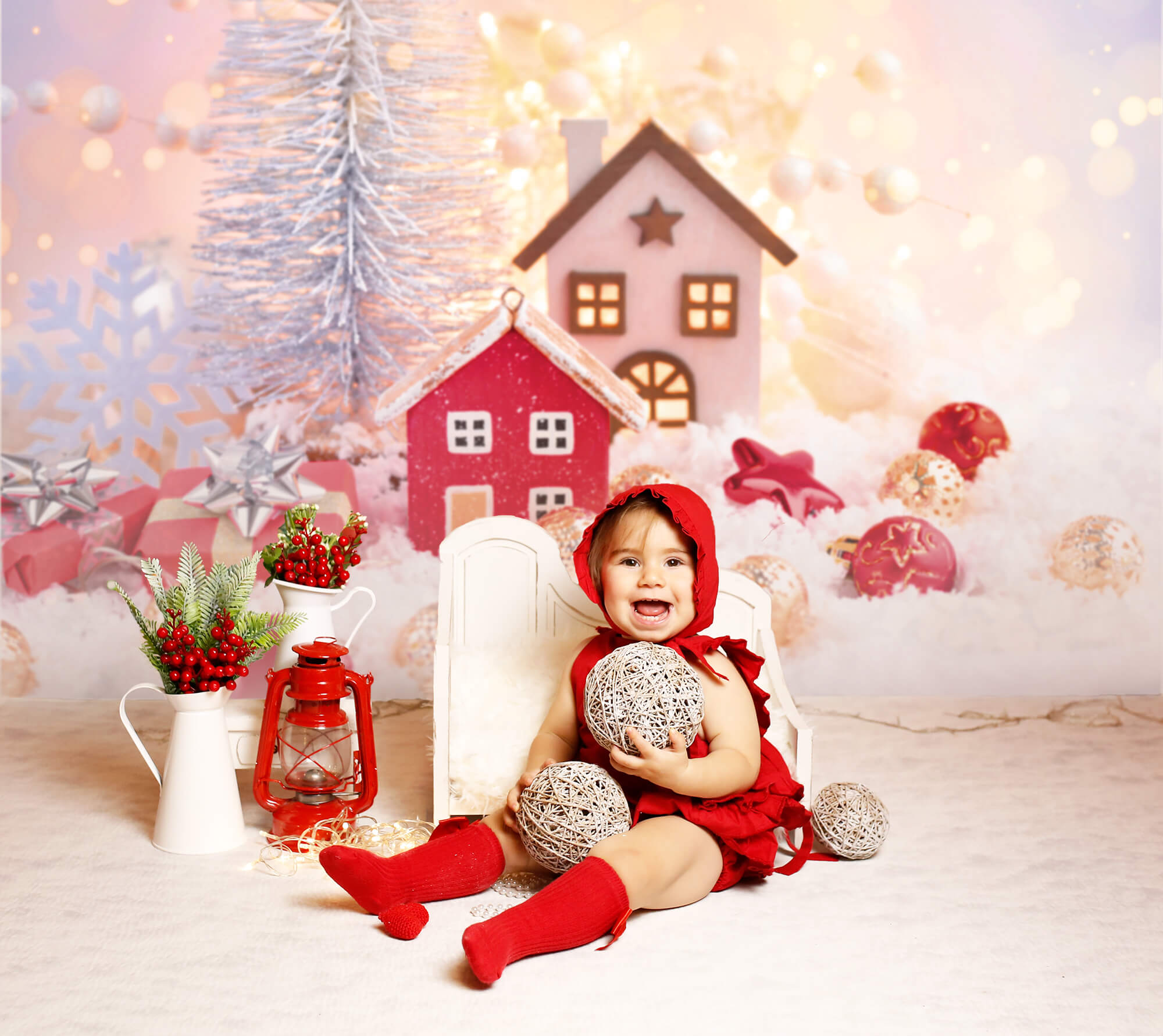 Christmas Balls Snowflake Cabin Bokeh Backdrop UK M9-71