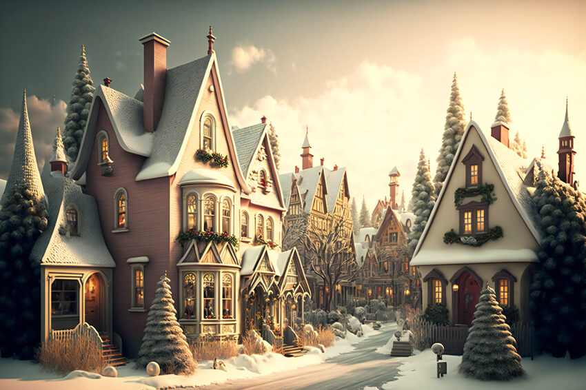 Christmas Village Winter Snow Landscape Backdrop UK M9-78