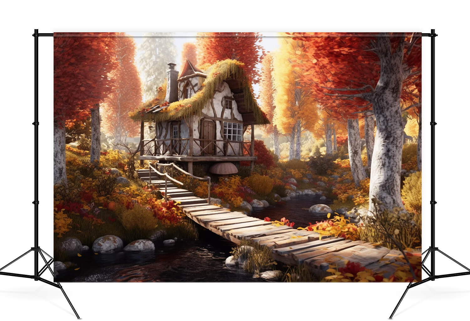 Autumn Maple Leaves Forest Cottage Backdrop UK M9-86