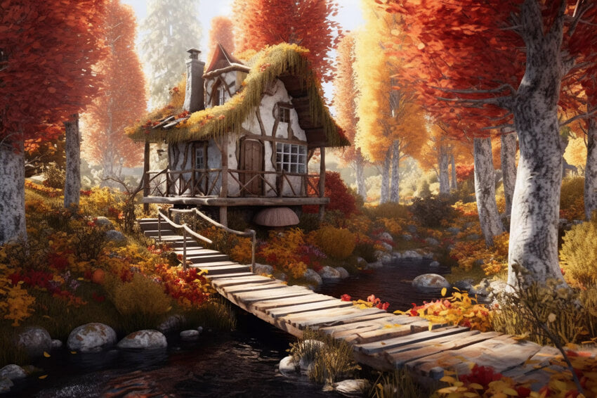 Autumn Maple Leaves Forest Cottage Backdrop UK M9-86