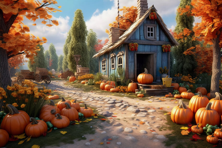 Autumn Village Path Pumpkin House Backdrop UK M9-87