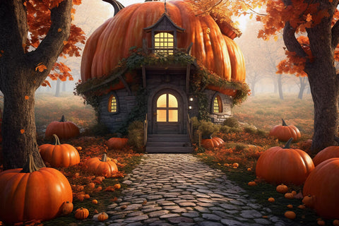 Autumn Halloween Cute Pumpkin House Backdrop M9-88