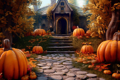Autumn Cottage Pumpkin Photography Backdrop UK M9-90