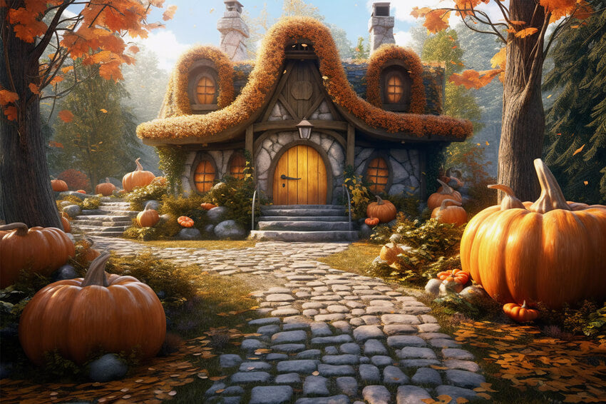 Pumpkin Cottage Autumn Photo Booth Backdrop UK M9-94