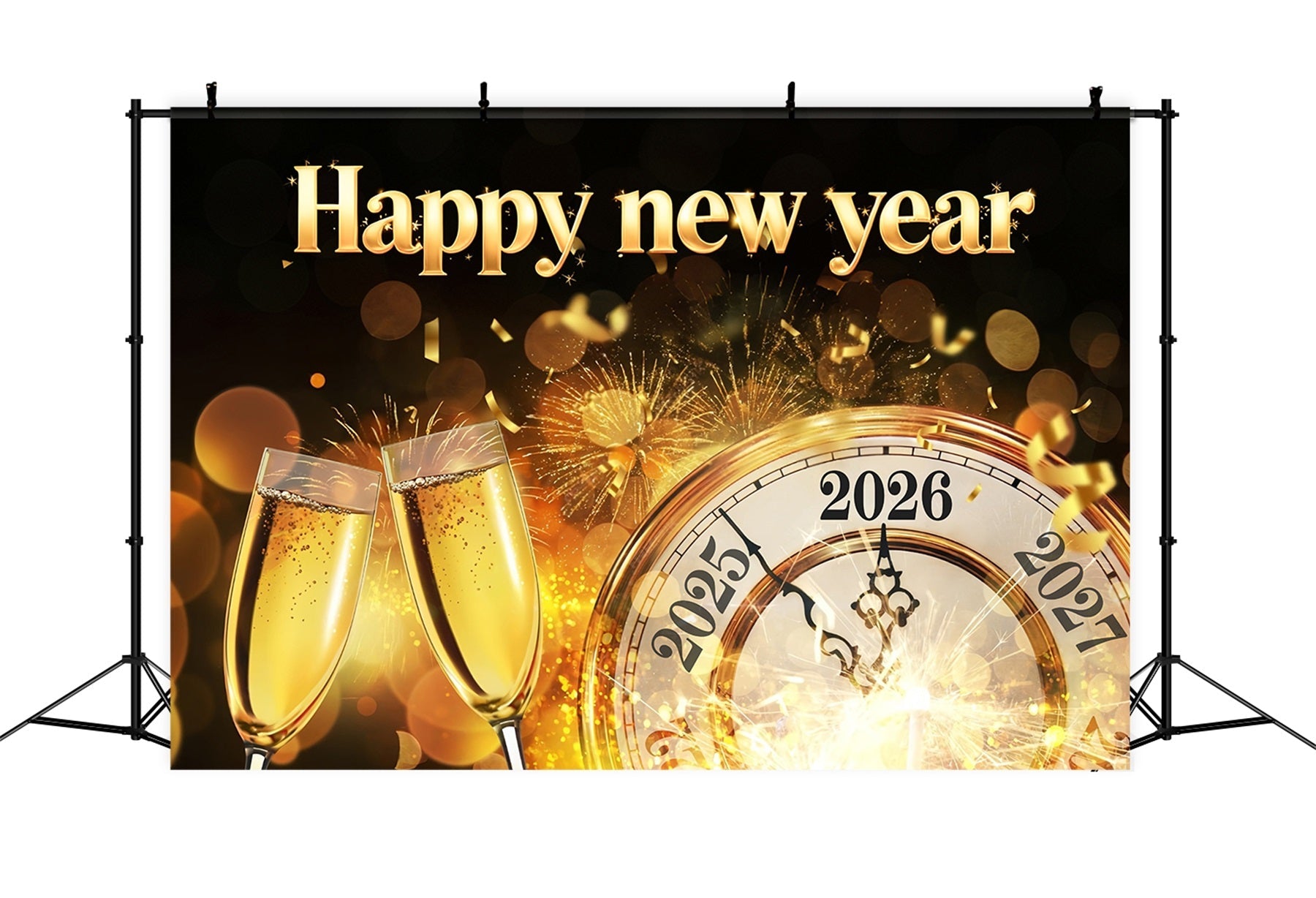 2026 Happy New Year Backdrop Golden Clock Midnight Toast New Year's Backdrops UK MRR10-11