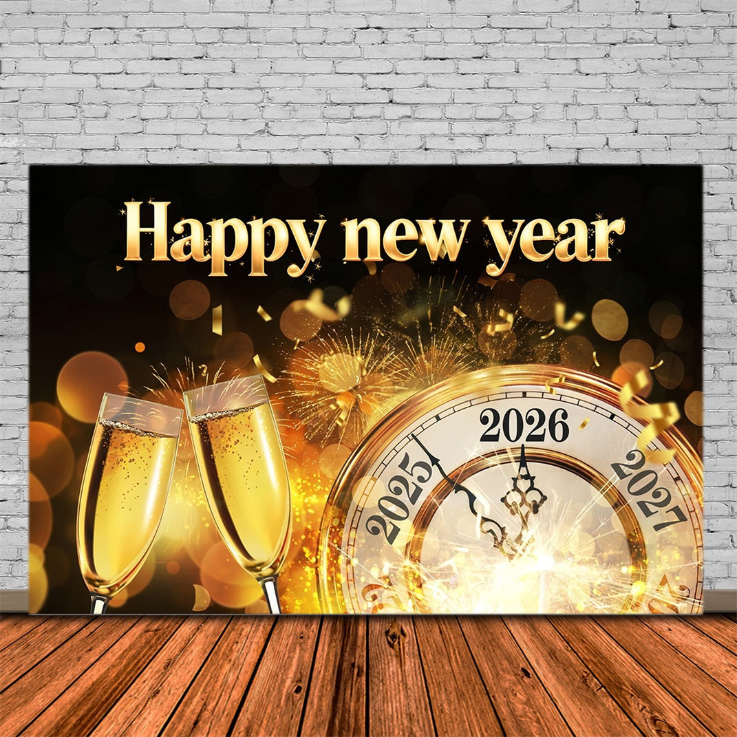 2026 Happy New Year Backdrop Golden Clock Midnight Toast New Year's Backdrops UK MRR10-11