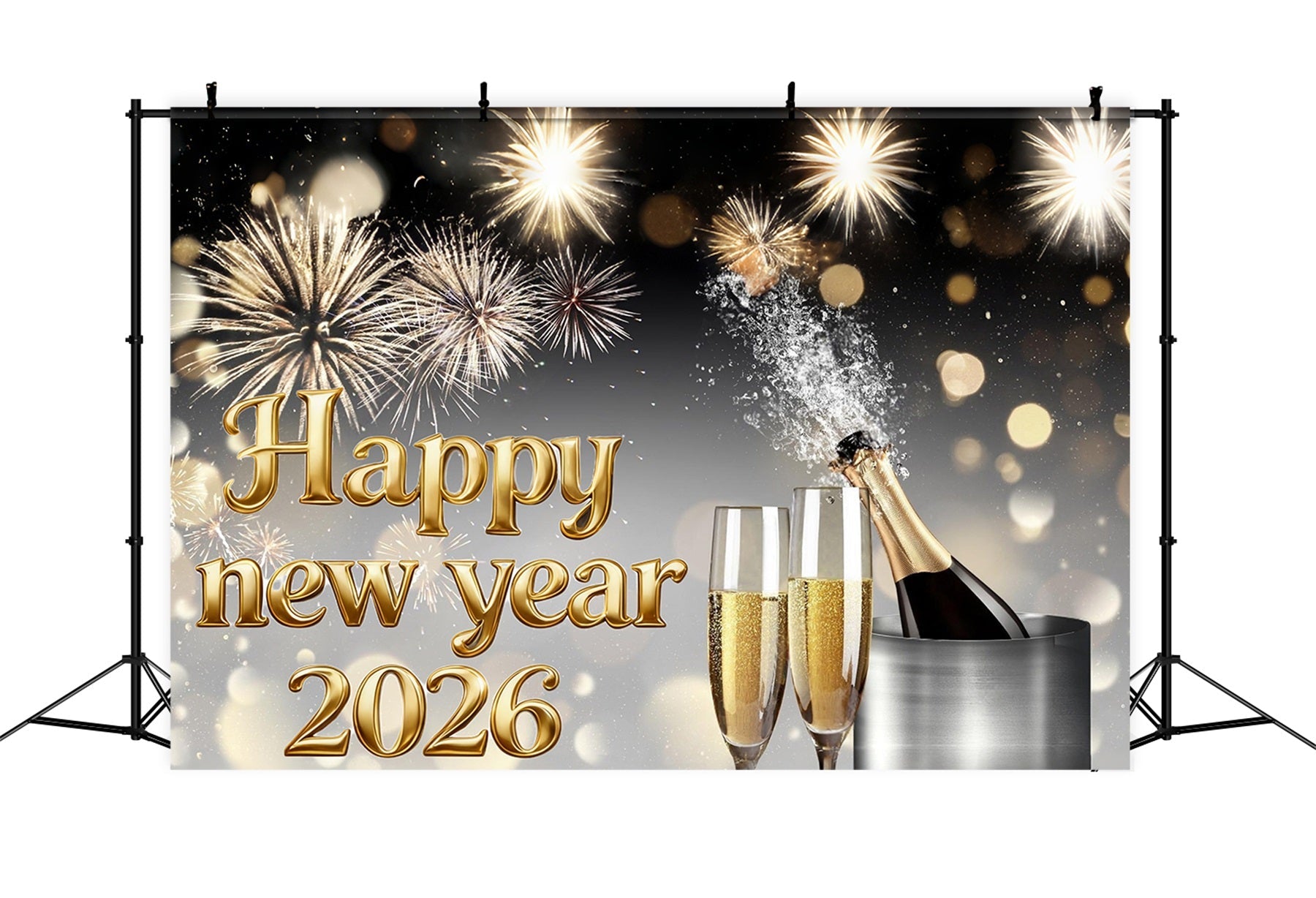 Happy New Year 2026 Backdrop Champagne Fireworks Burst Elegance New Year Backdrop UK MRR10-15