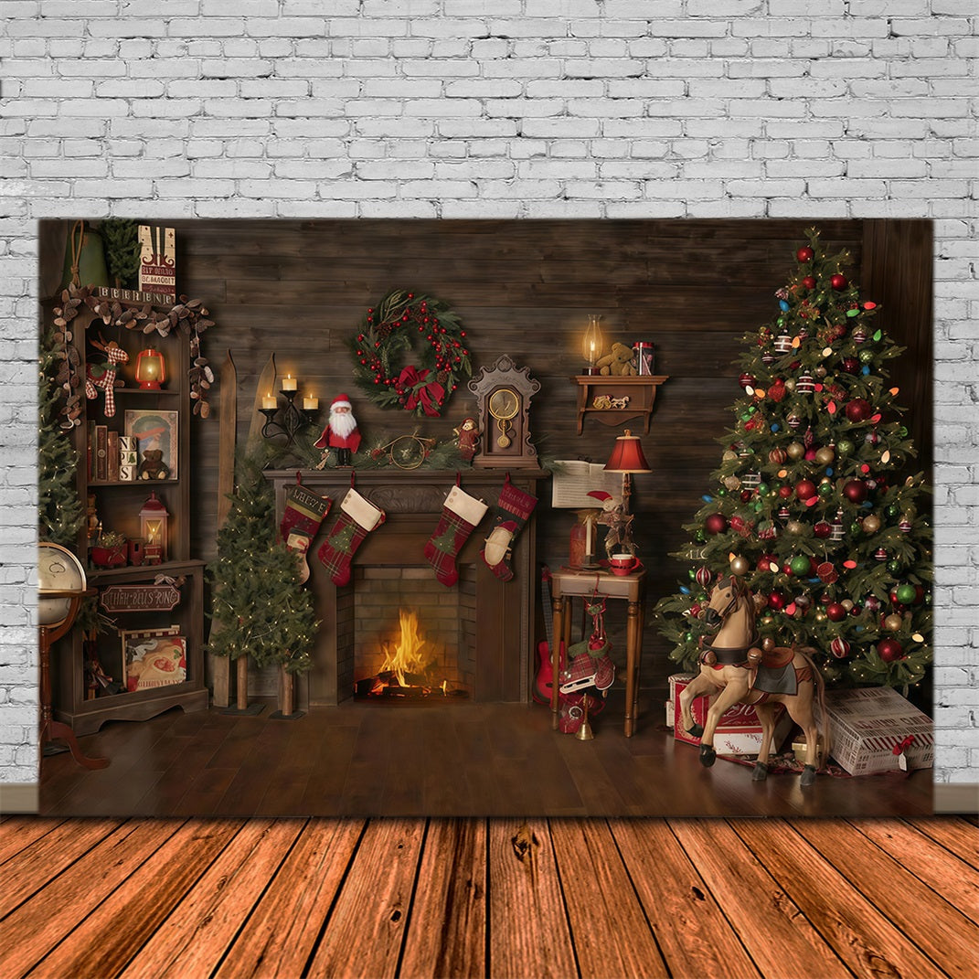 Christmas Backdrop Wood House Fireplace Stockings Christmas Photo Backdrop UK MRR10-52