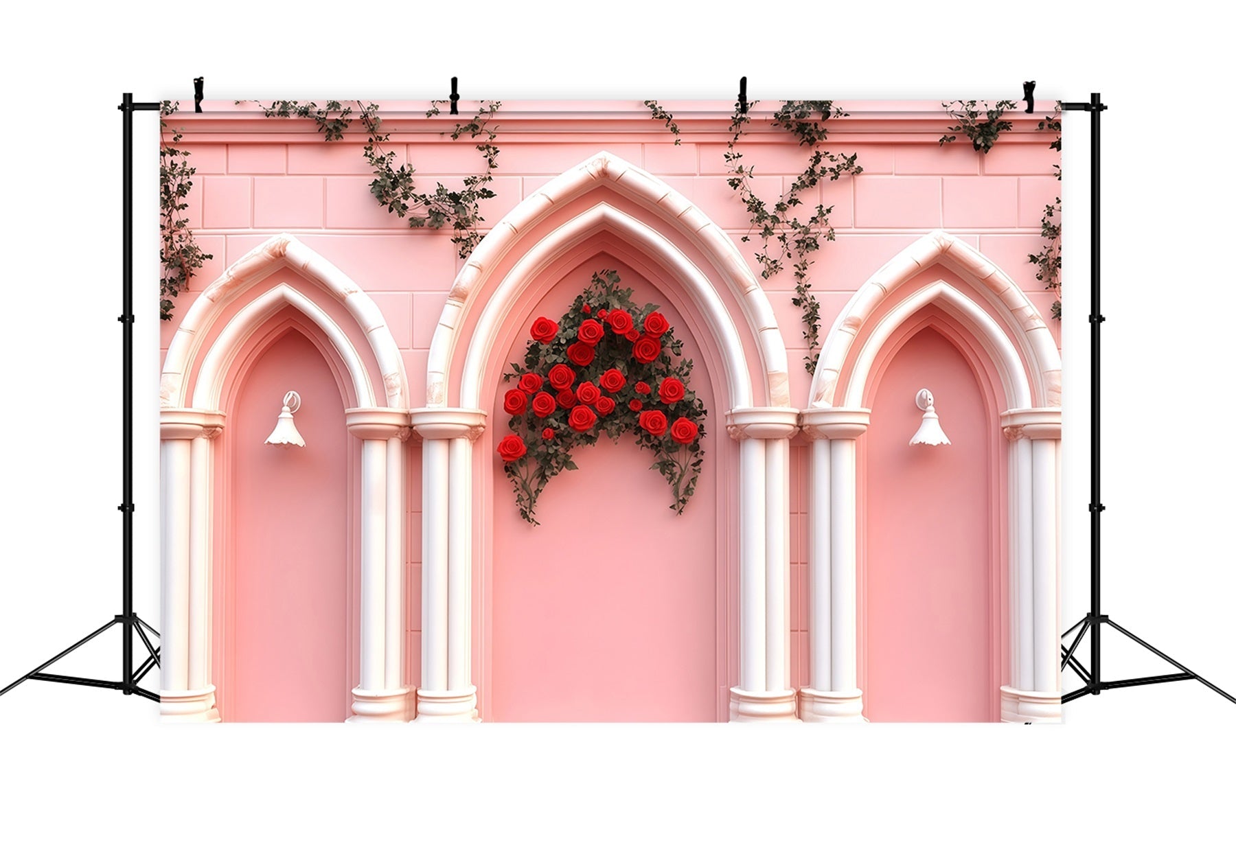 Pink Valentine Backdrop Pink Brick Arch Flower Valentine's Day Backdrop UK MRR11-110