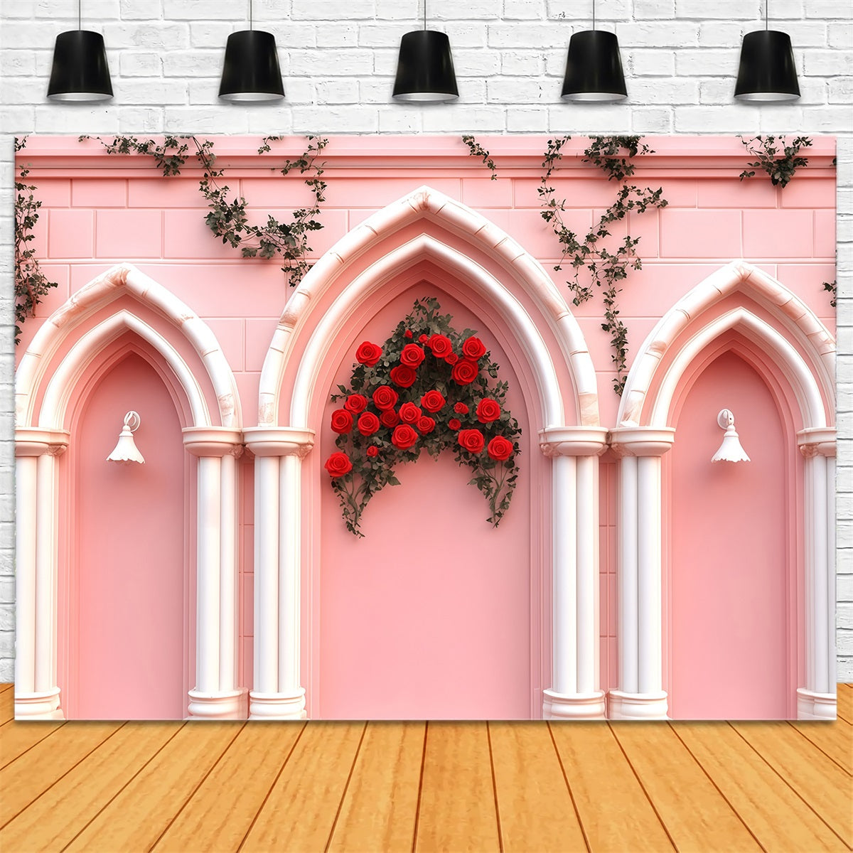Pink Valentine Backdrop Pink Brick Arch Flower Valentine's Day Backdrop UK MRR11-110