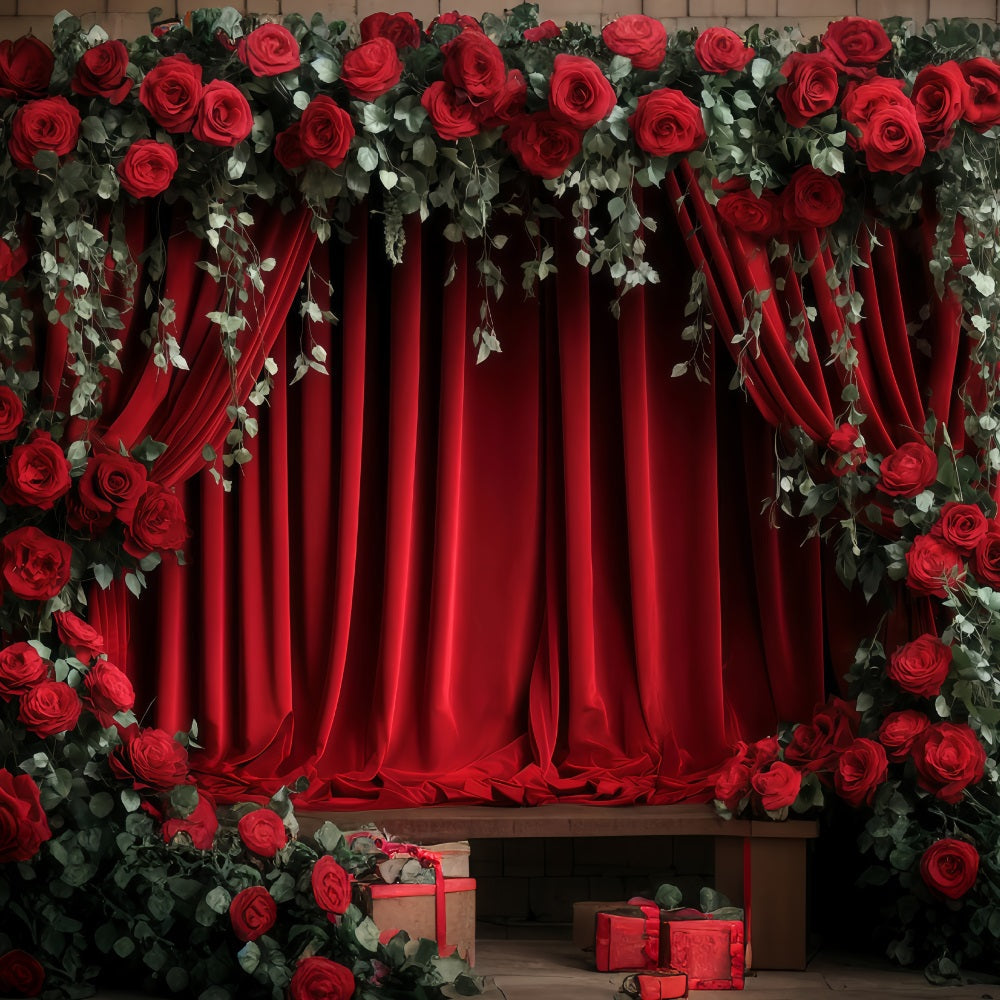 Valentine's Day Photography Backdrop Red Curtain Flower Valentines Backdrop UK MRR11-112