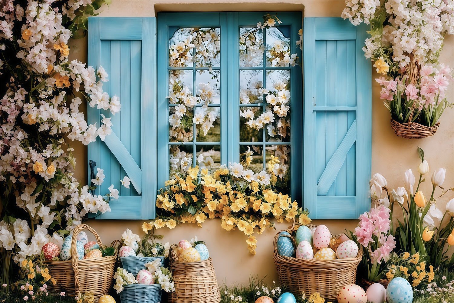 Easter Photo Backdrop Blooming Cottage Garden Easter Egg Backdrop UK MRR11-72