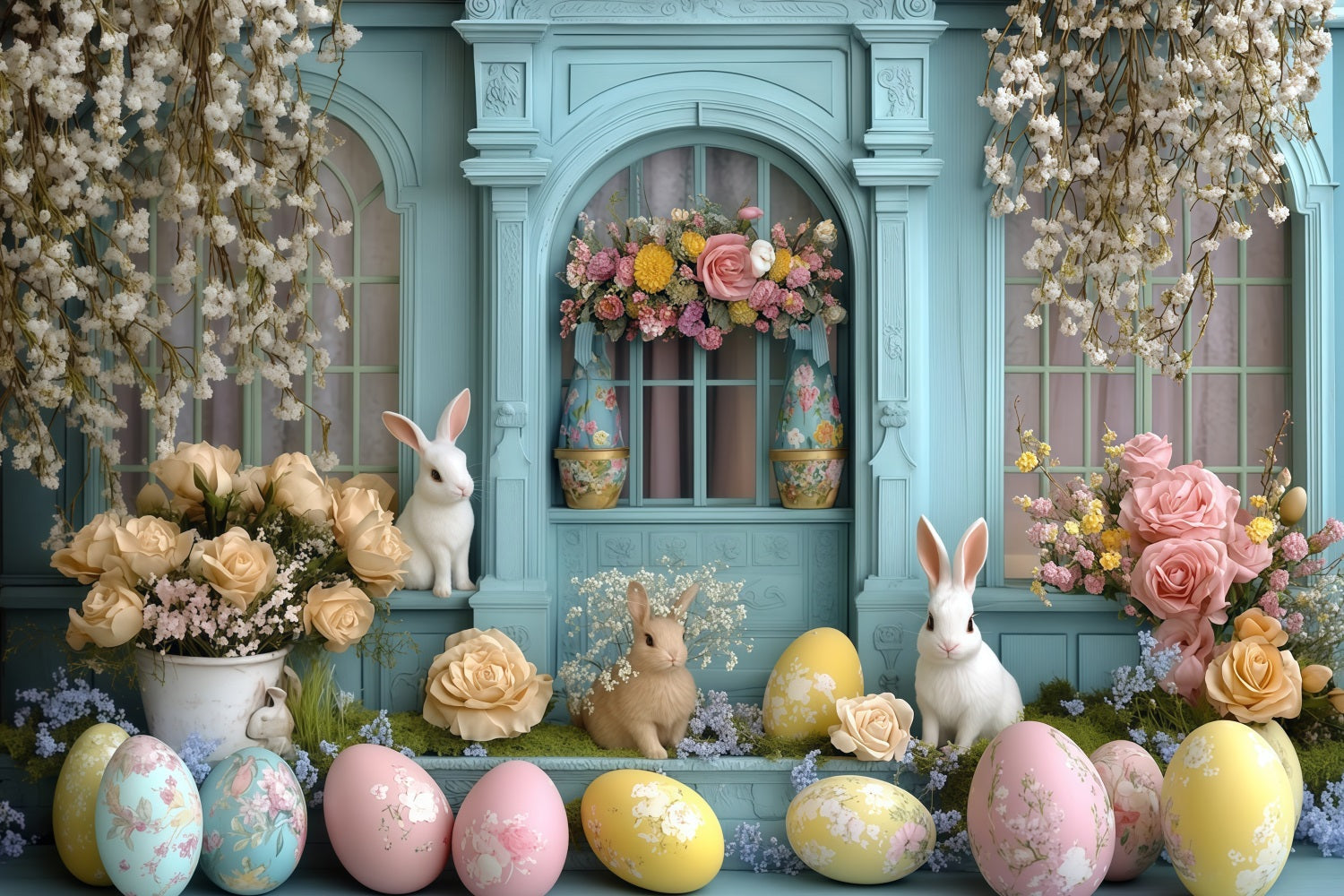 Easter Picture Backdrops Rustic Tulip Cottage Door Bunny Backdrop UK MRR11-92
