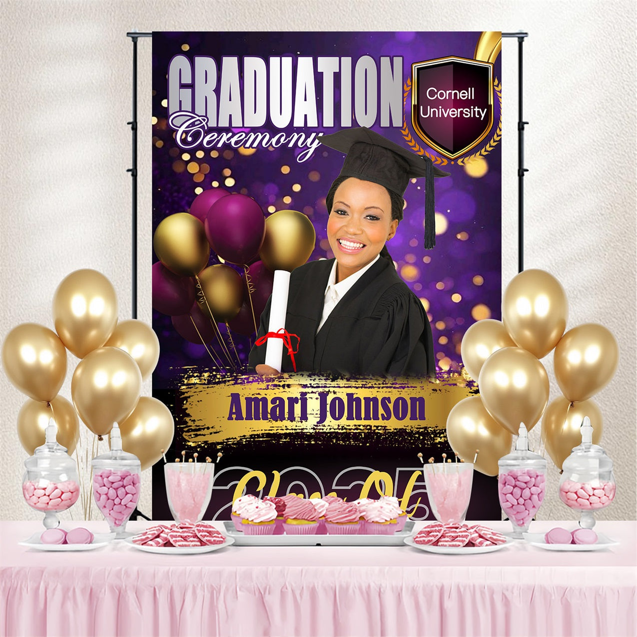 Graduation Backdrops Glamorous Purple Balloons Personalised Party Graduation Backdrop UK MRR4-56