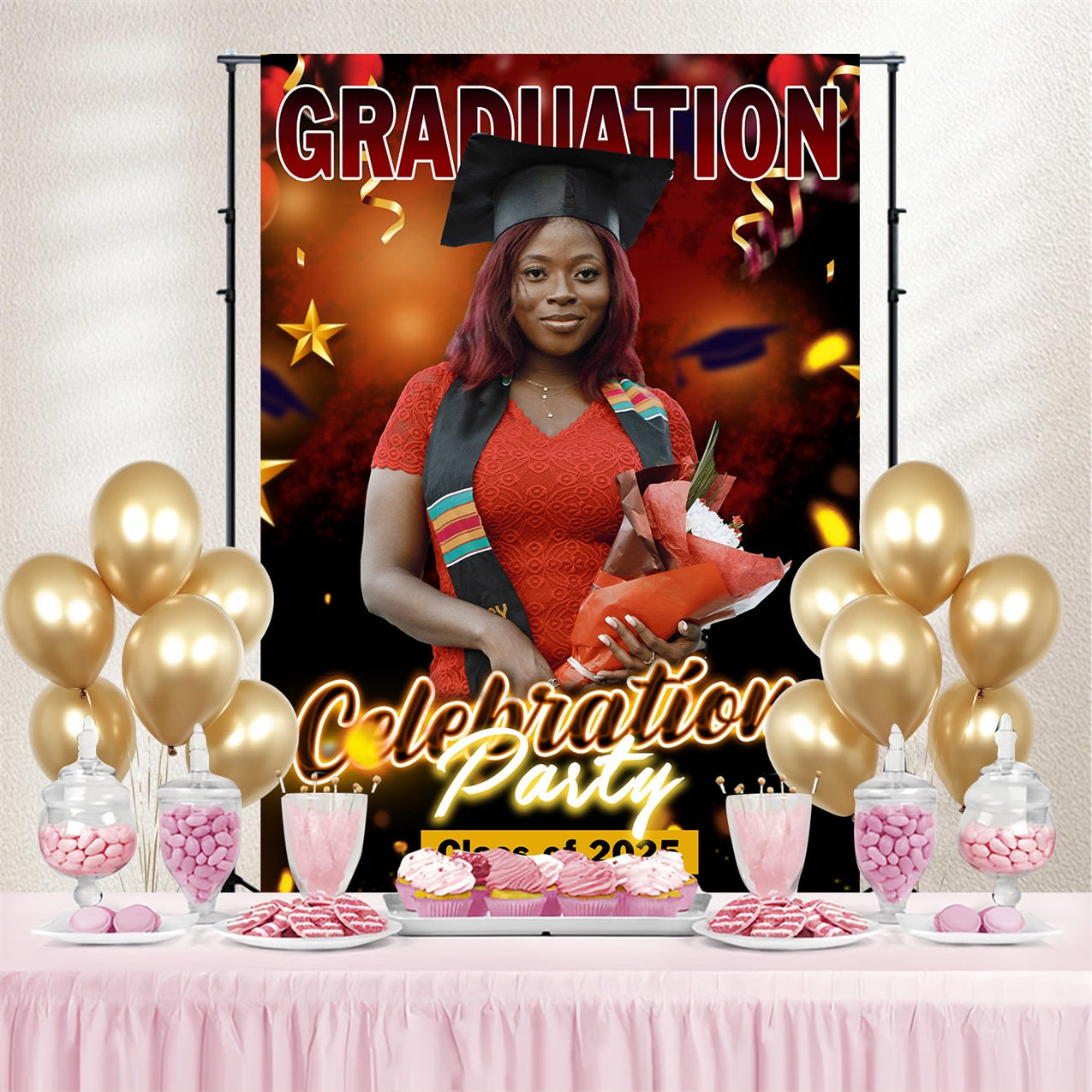 2025 Graduation Backdrop Bold Red Balloon Personalised Party Graduation Backdrop UK MRR4-60