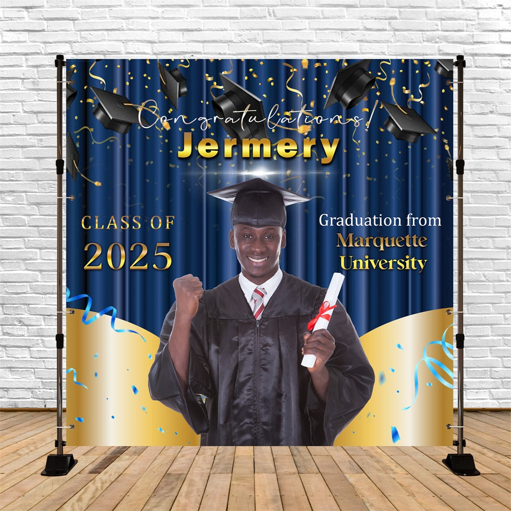 Custom Graduation Backdrop Golden Blue Cheers Party Graduation Backdrop UK MRR6-26