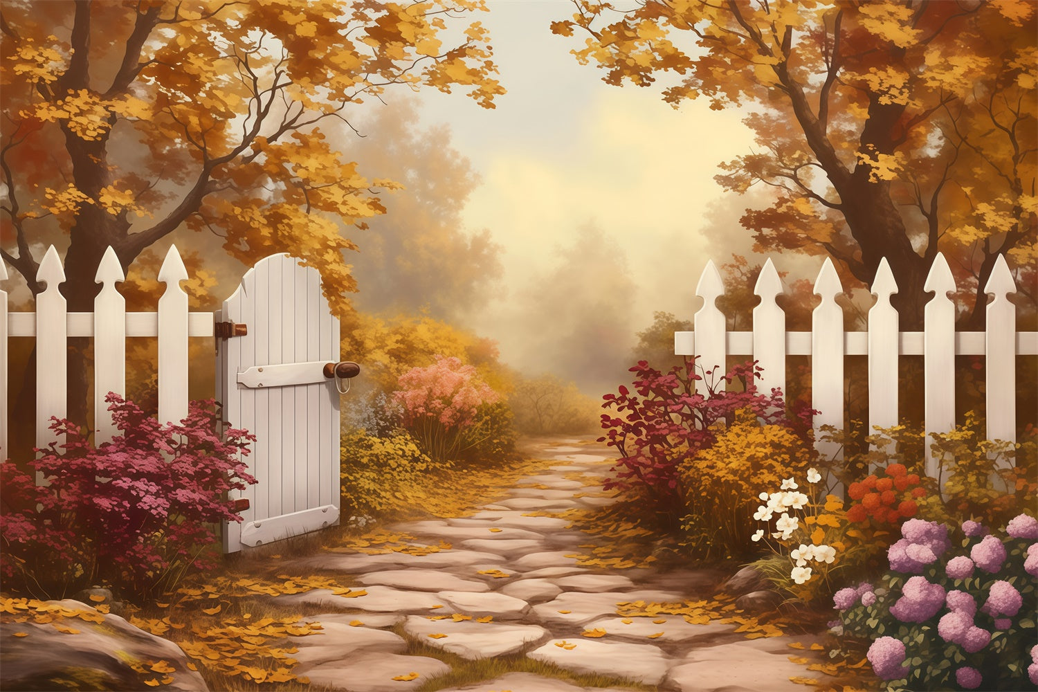 Fall Forest Backdrop White Fence Golden Trail Backdrop UK MRR7-124