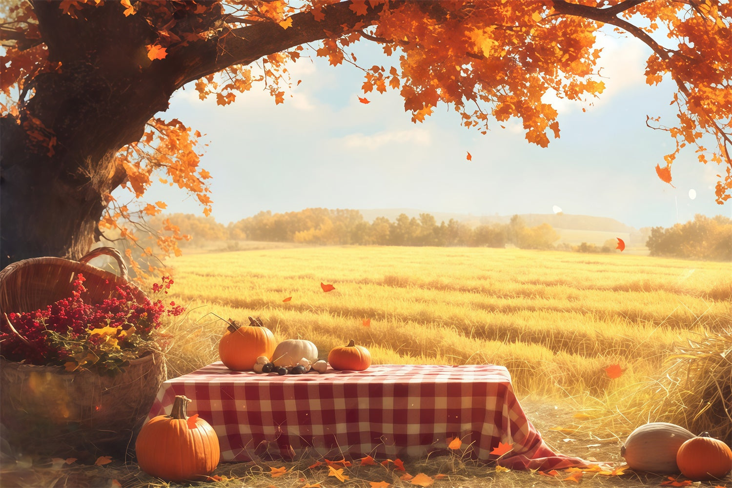 Fall Backdrop Golden Field Pumpkin Picnic Backdrop UK MRR7-129