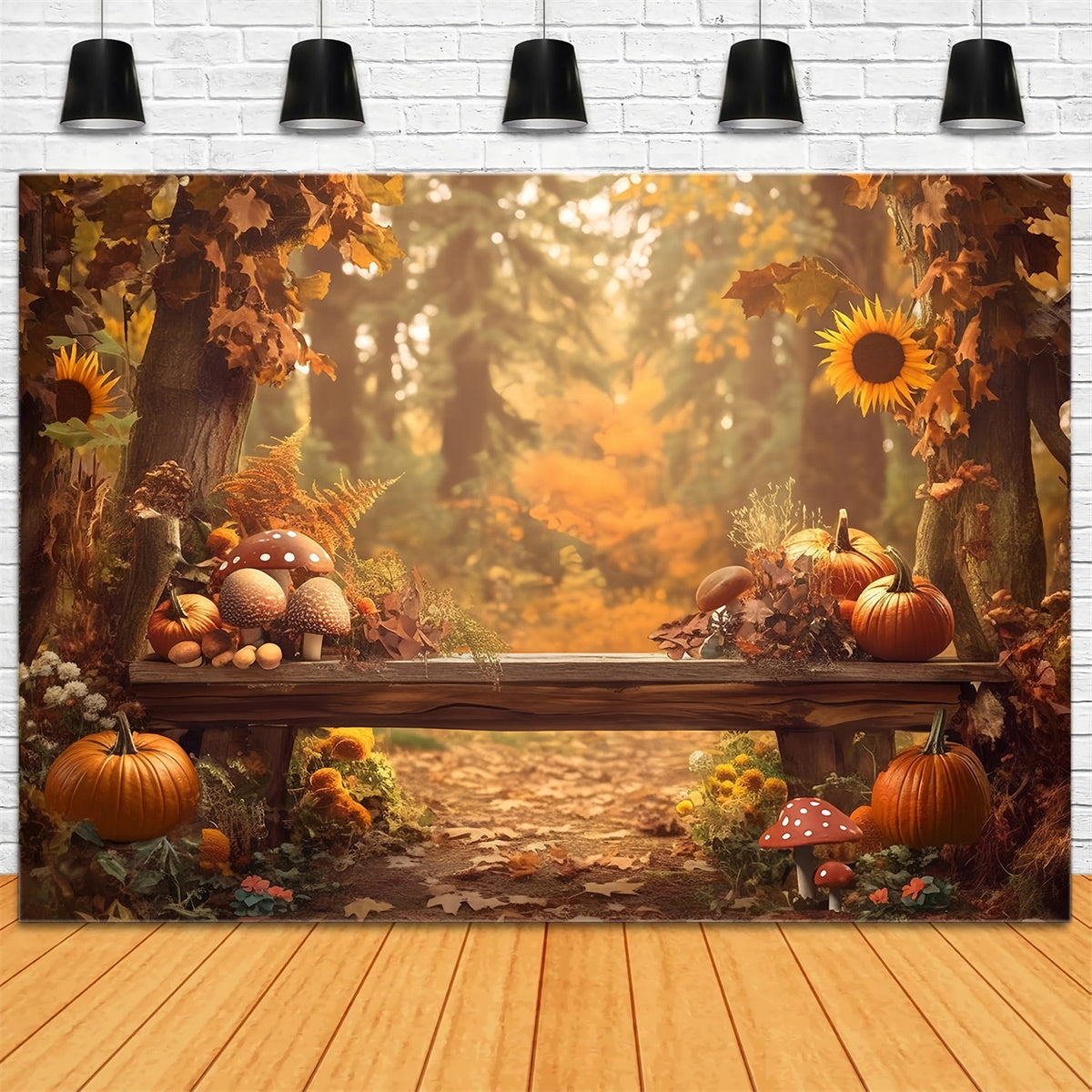 Fall Forest Backdrop Mushroom Pumpkin Bench Backdrop UK MRR7-130