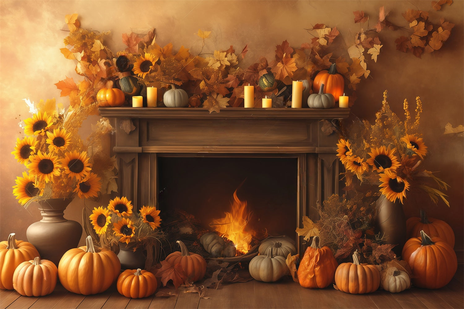 Autumn Photo Backdrop Cozy Fireplace Harvest Backdrop UK MRR7-133