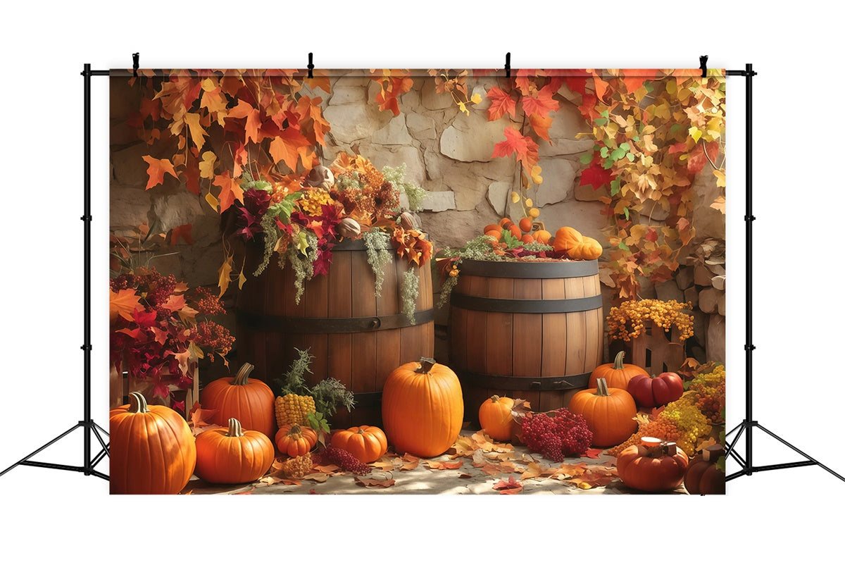 Autumn Backdrop Wooden Barrel Fall Display Backdrop UK MRR7-135