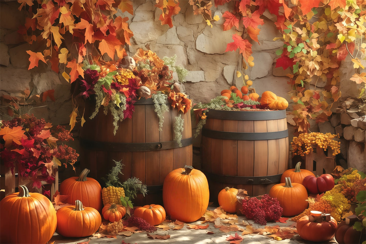 Autumn Backdrop Wooden Barrel Fall Display Backdrop UK MRR7-135