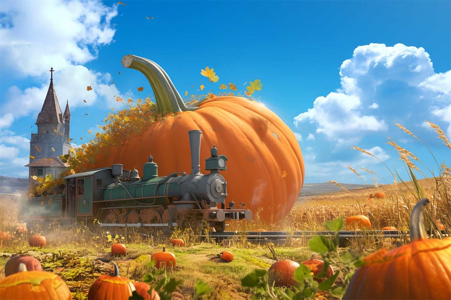 Fall Photo Backdrop Fairytale Harvest Train Backdrop UK MRR7-138