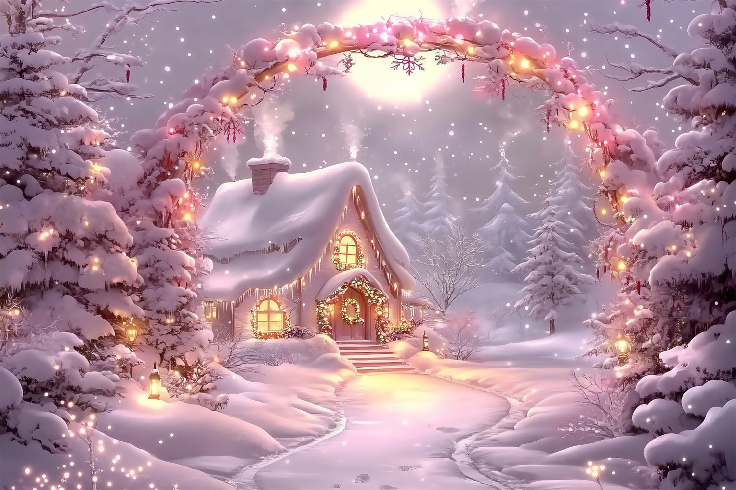 Winter Wonderland Backdrop Glow Cabin Lights Backdrop UK MRR7-149