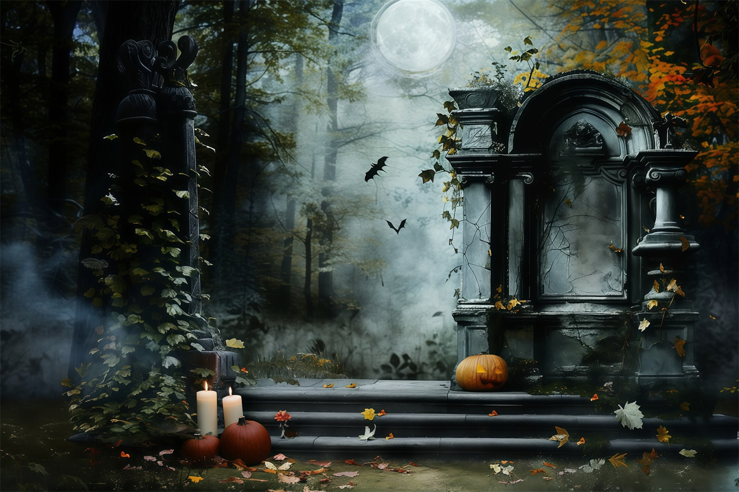 Halloween Graveyard Backdrop Gothic Tombstone Steps Backdrop UK MRR7-25