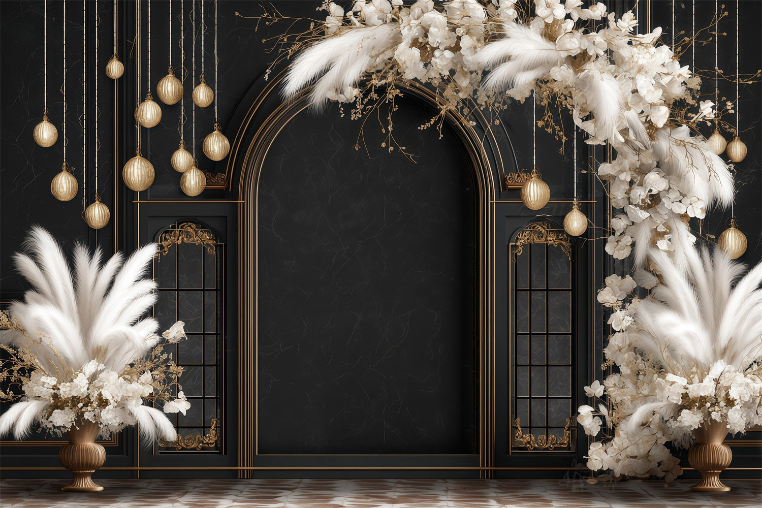 Bohemian Style Backdrop Black Gold Glam Arch Backdrop UK MRR7-256