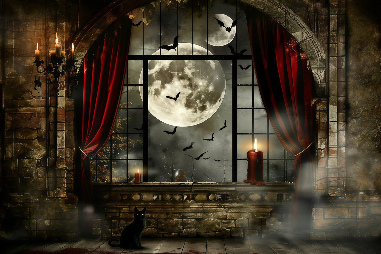 Halloween Moon Backdrop Haunted Window Glow Backdrop UK MRR7-33