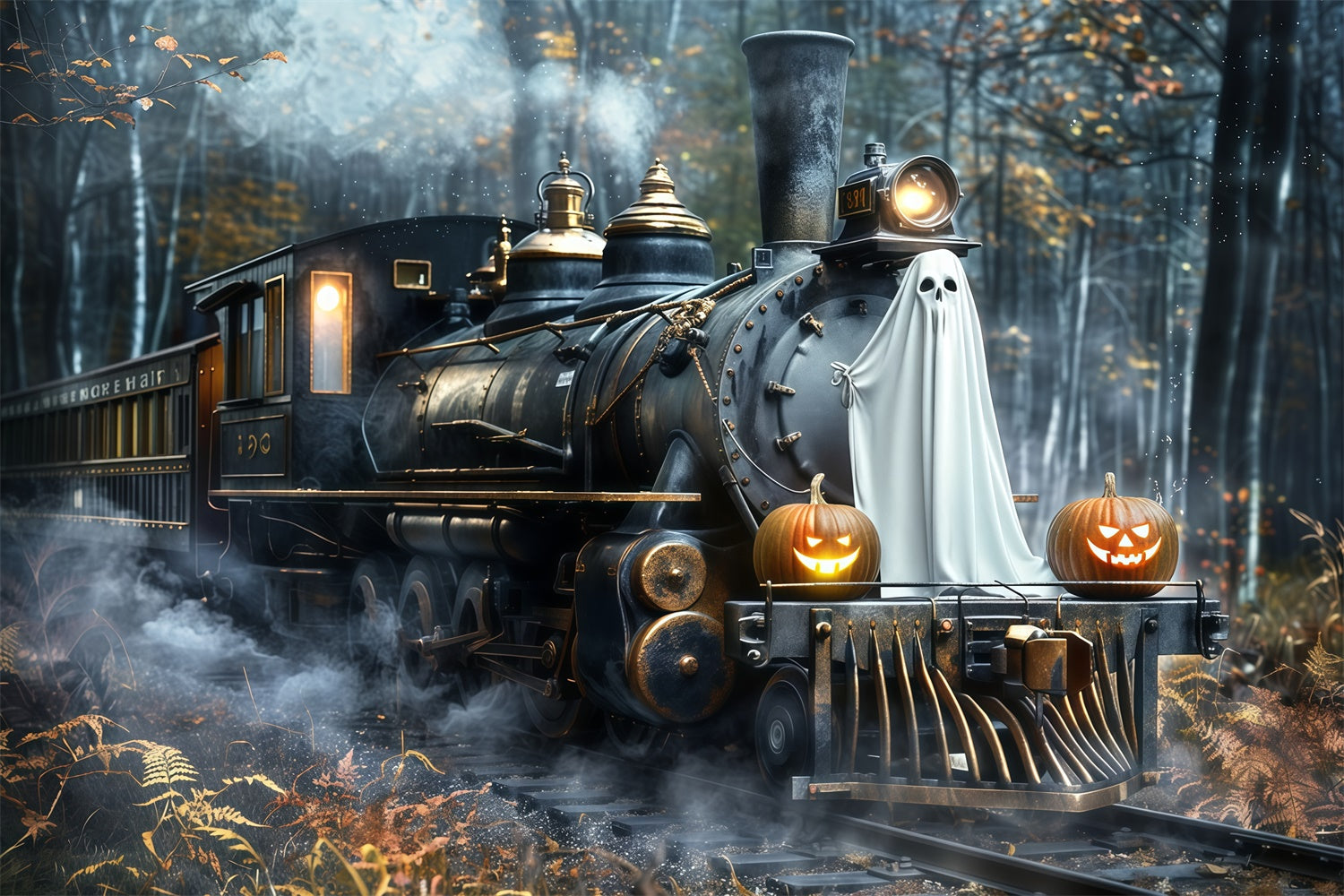 Halloween Backdrop Ideas Ghost Pumpkin Train Forest Backdrop UK MRR7-39