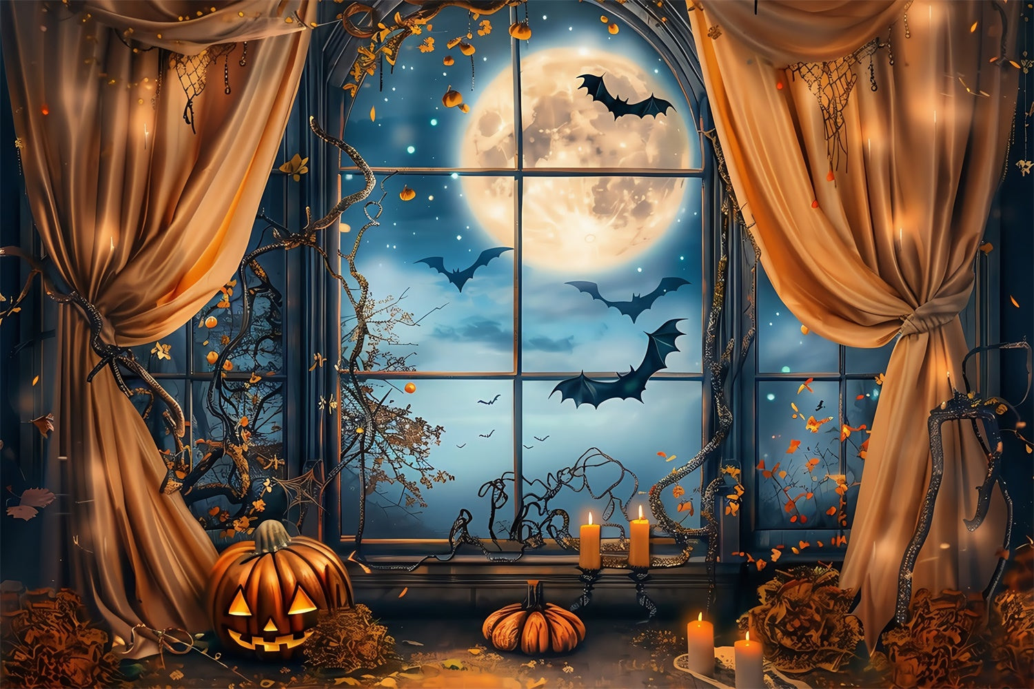 Halloween Moon Backdrop Midnight Bat Window Backdrop UK MRR7-42