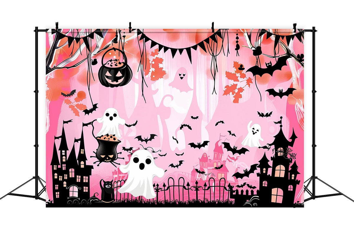 Cute Halloween Backdrop Ghostly Bat Castle Pink Backdrop UK MRR7-46