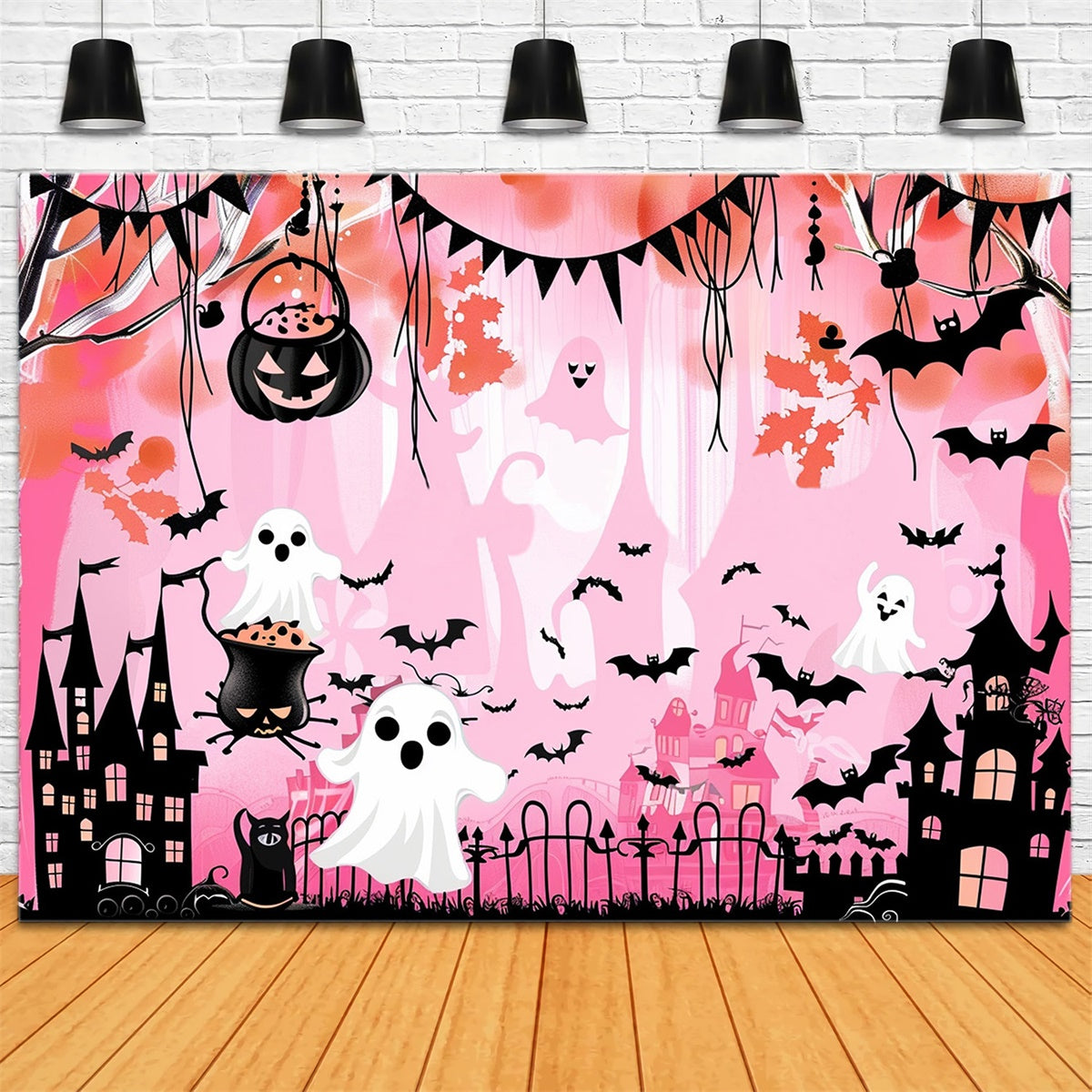 Cute Halloween Backdrop Ghostly Bat Castle Pink Backdrop UK MRR7-46