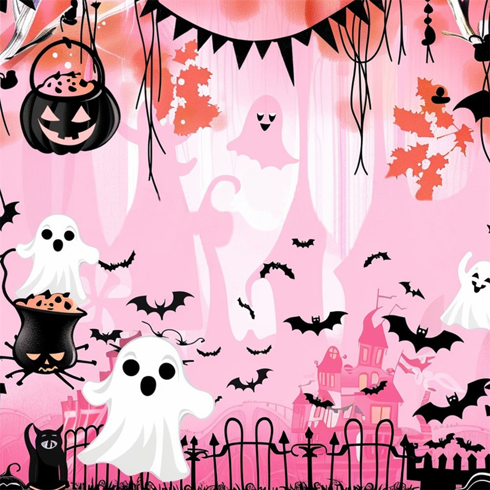Cute Halloween Backdrop Ghostly Bat Castle Pink Backdrop UK MRR7-46