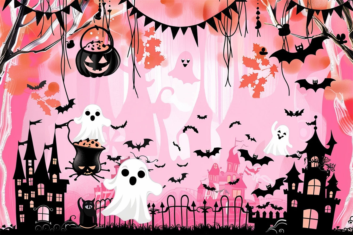 Cute Halloween Backdrop Ghostly Bat Castle Pink Backdrop UK MRR7-46