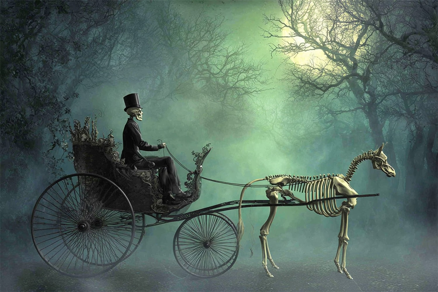 Forest Backdrop Moonlit Haunted Carriage Halloween Backdrops UK MRR7-48
