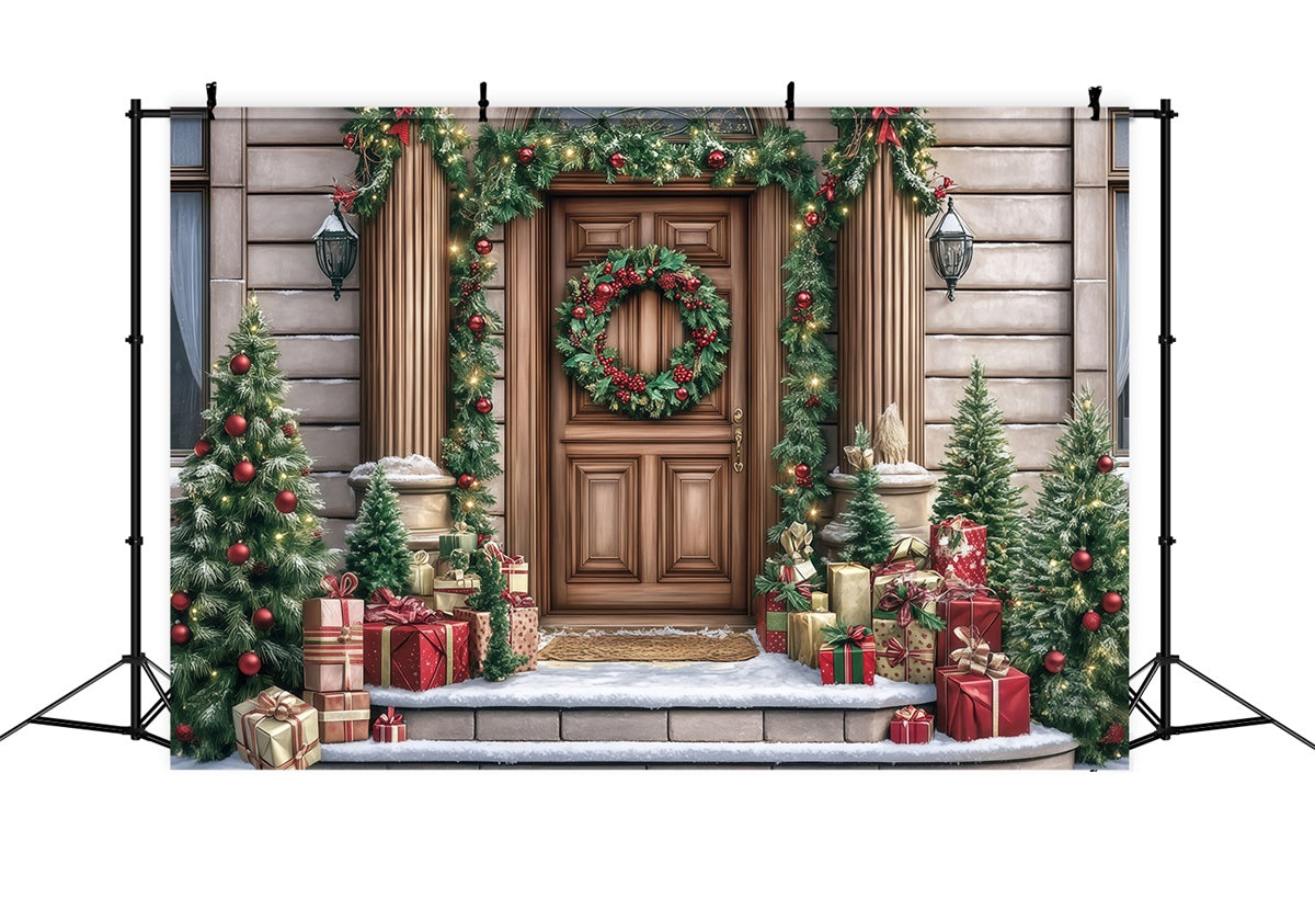 Christmas Backdrop For Photos Elegant Wreath Porch Backdrop UK MRR7-70