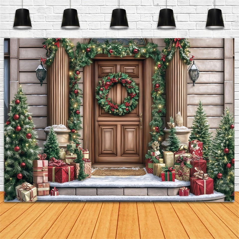 Christmas Backdrop For Photos Elegant Wreath Porch Backdrop UK MRR7-70